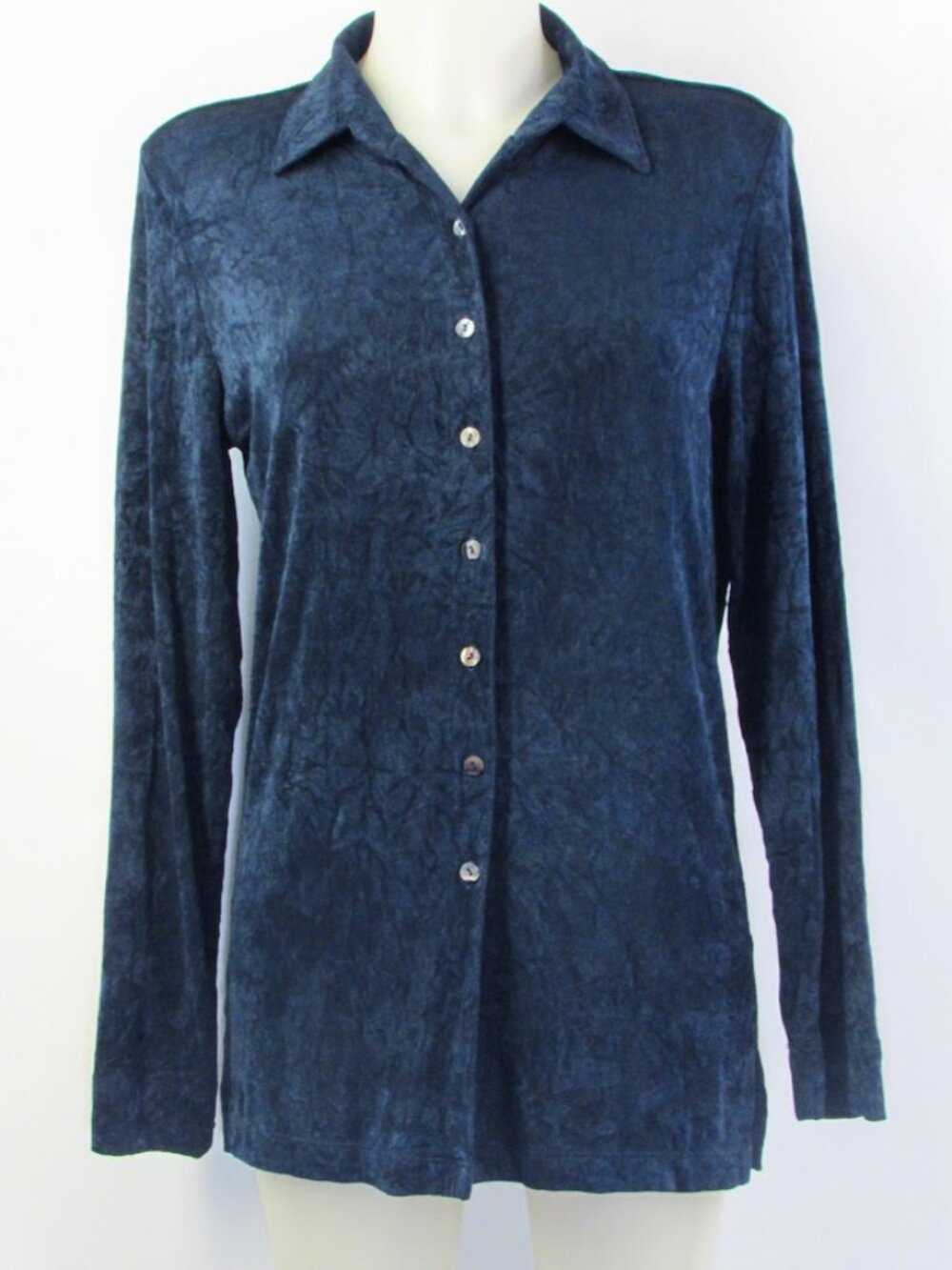 Chico's Design Slink Navy Blue Button-Down Long Sleeve Shirt Size 0 Collar
